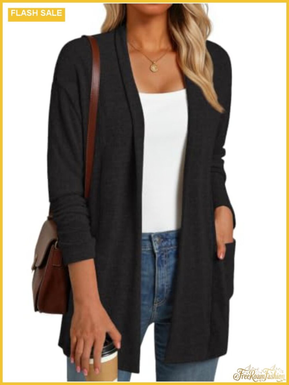 Open Front Knit Cardigan Sweater with Pockets Loose Fit Long Sleeve Women's